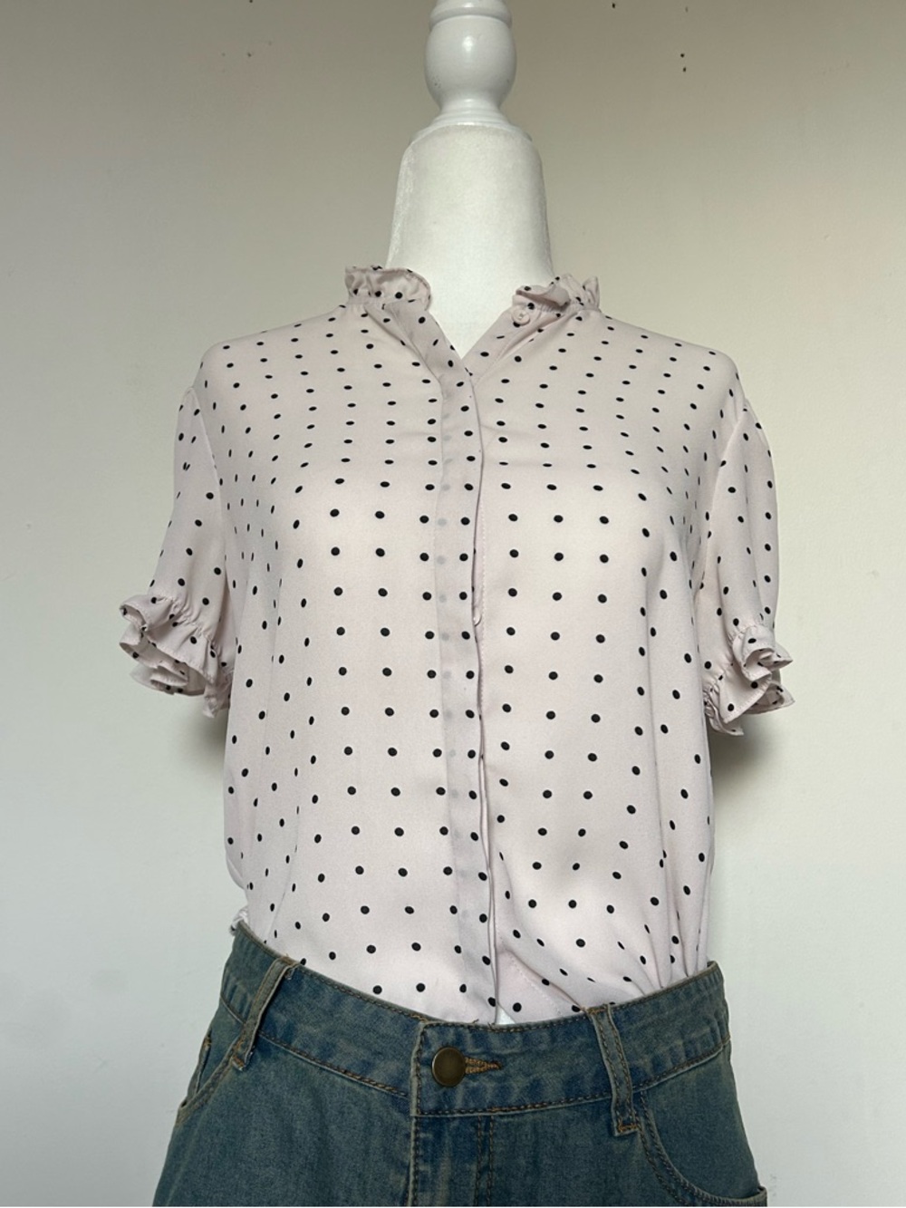 Tahari Light Pink Polka Dot Ruffle Sleeve Blouse
